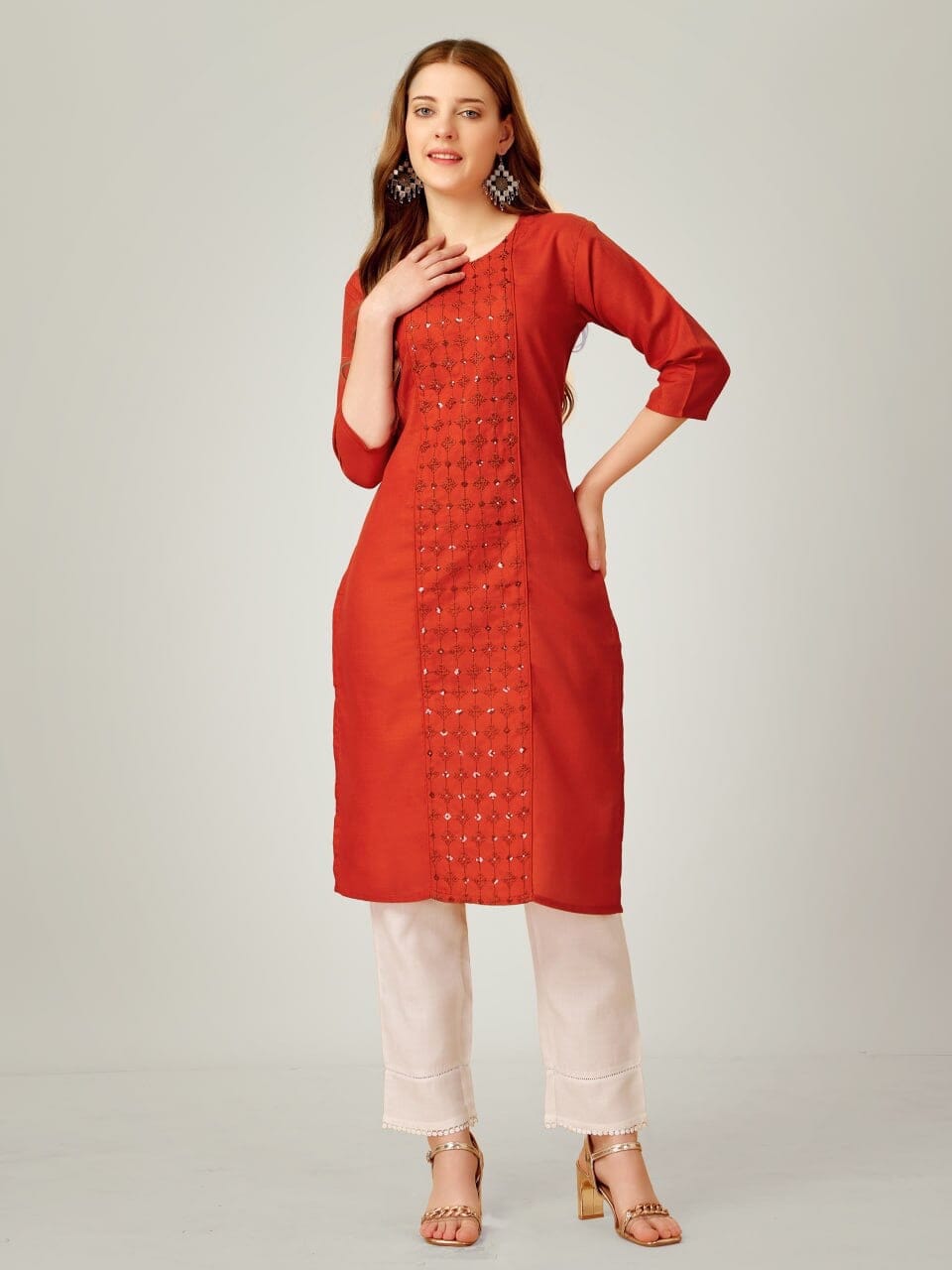 Brown Cotton Blend Sequence Embroidered Work Kurti with Pant Kurti with Pant Shopin Di Apparels