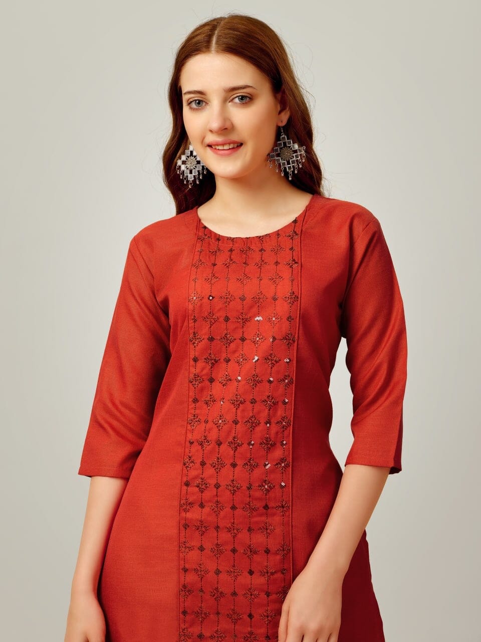 Brown Cotton Blend Sequence Embroidered Work Kurti with Pant Kurti with Pant Shopin Di Apparels