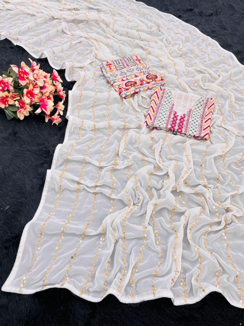 Chiffon Georgette Saree with multi color Blouse Designer Saree Shopin Di Apparels