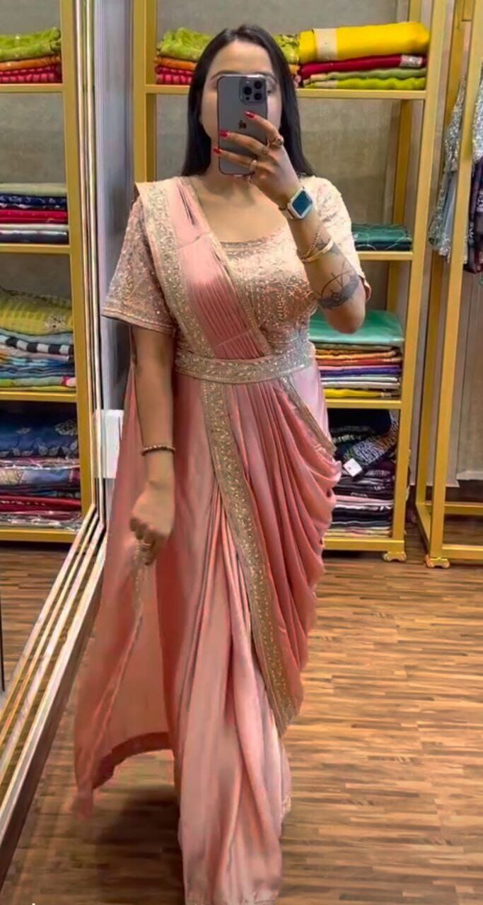 Coral Pink Bt 7109 Rangoli Silk Embroidered Ready To Wear Saree Ready to Wear Saree Shopin Di Apparels