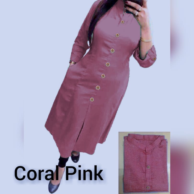 Coral Pink Plain Collar Cotton Kurti with Button and Pockets Kurti Shopin Di Apparels