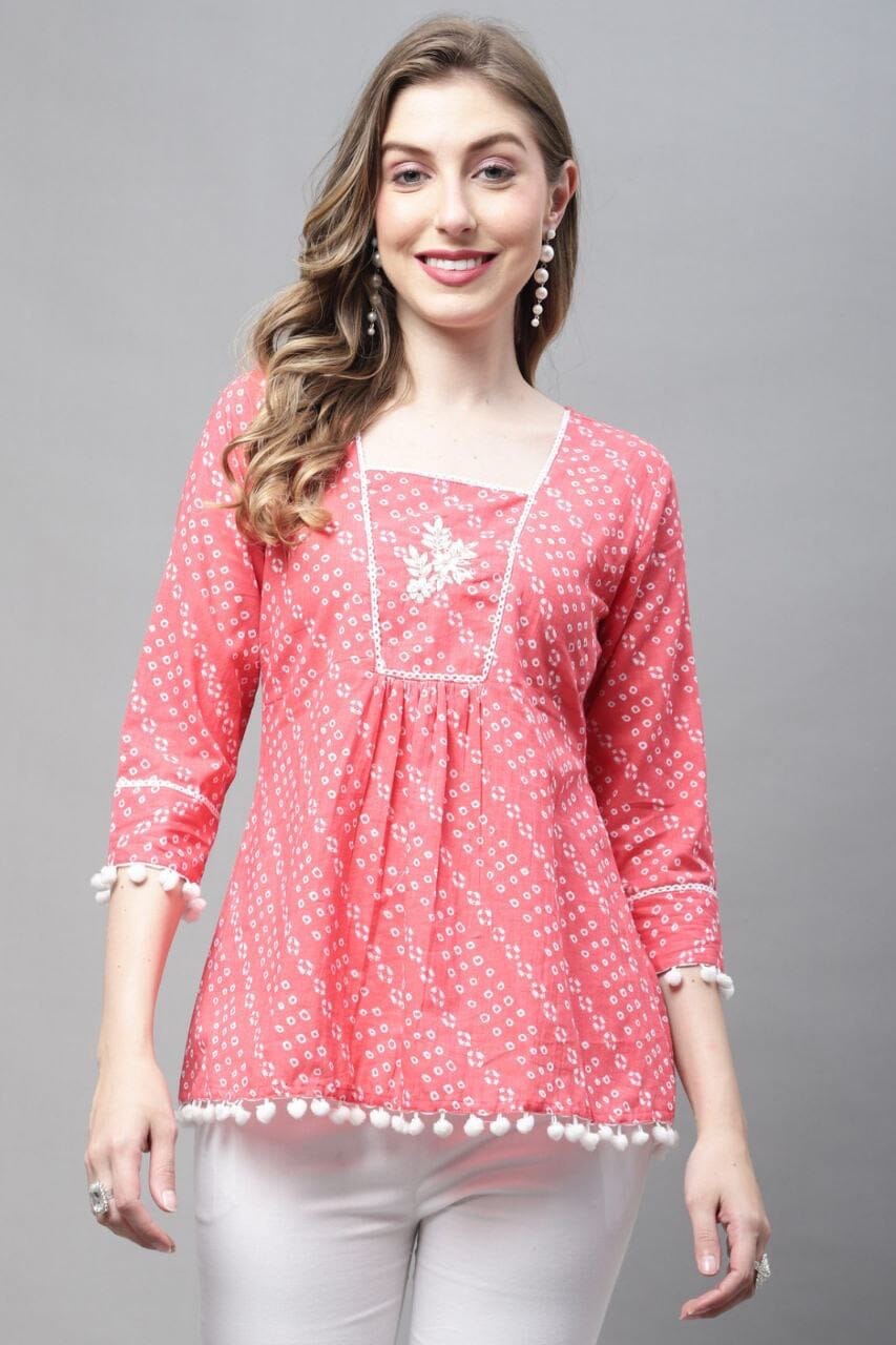 Coral Pink Pure Cotton Printed Western Top Western Top Shopin Di Apparels