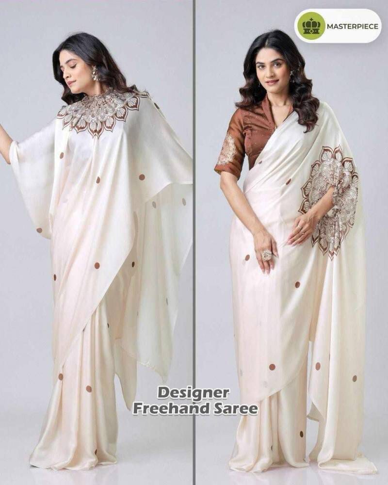 Cream Choco Kc 888 Digital Printed Crepe Silk Ready to Wear Saree Ready to Wear Saree Shopin Di Apparels