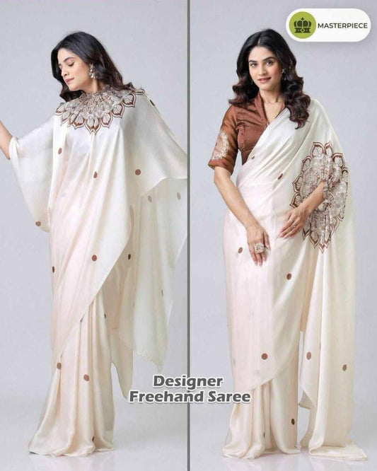 Cream Choco Kc 888 Digital Printed Crepe Silk Ready to Wear Saree Ready to Wear Saree Shopin Di Apparels