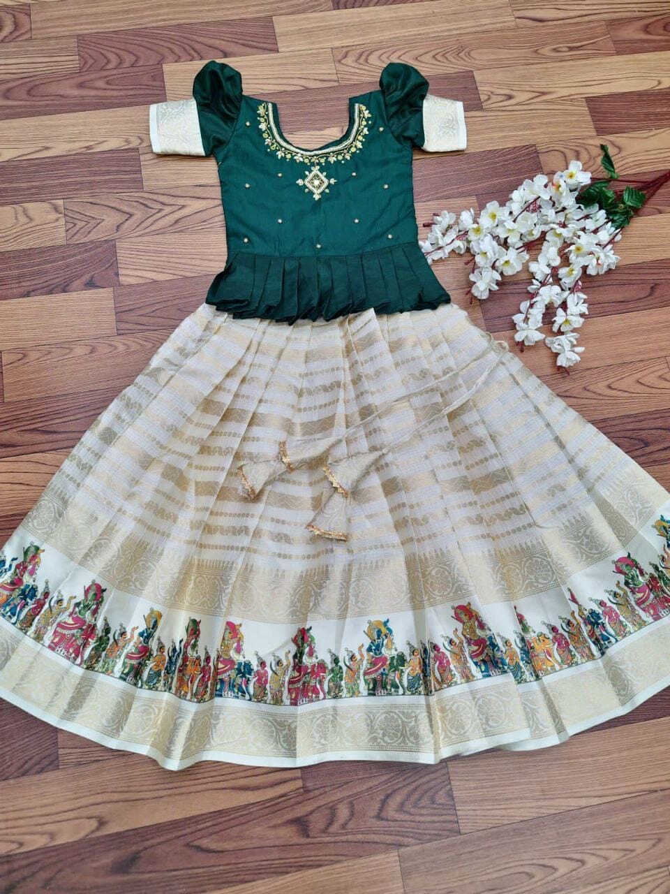 Cream Dark Green Kota Doriya Silk Kid's Lehenga Festival Wear Pavadai Sattai Kid's Lehenga Shopindiapparels.com