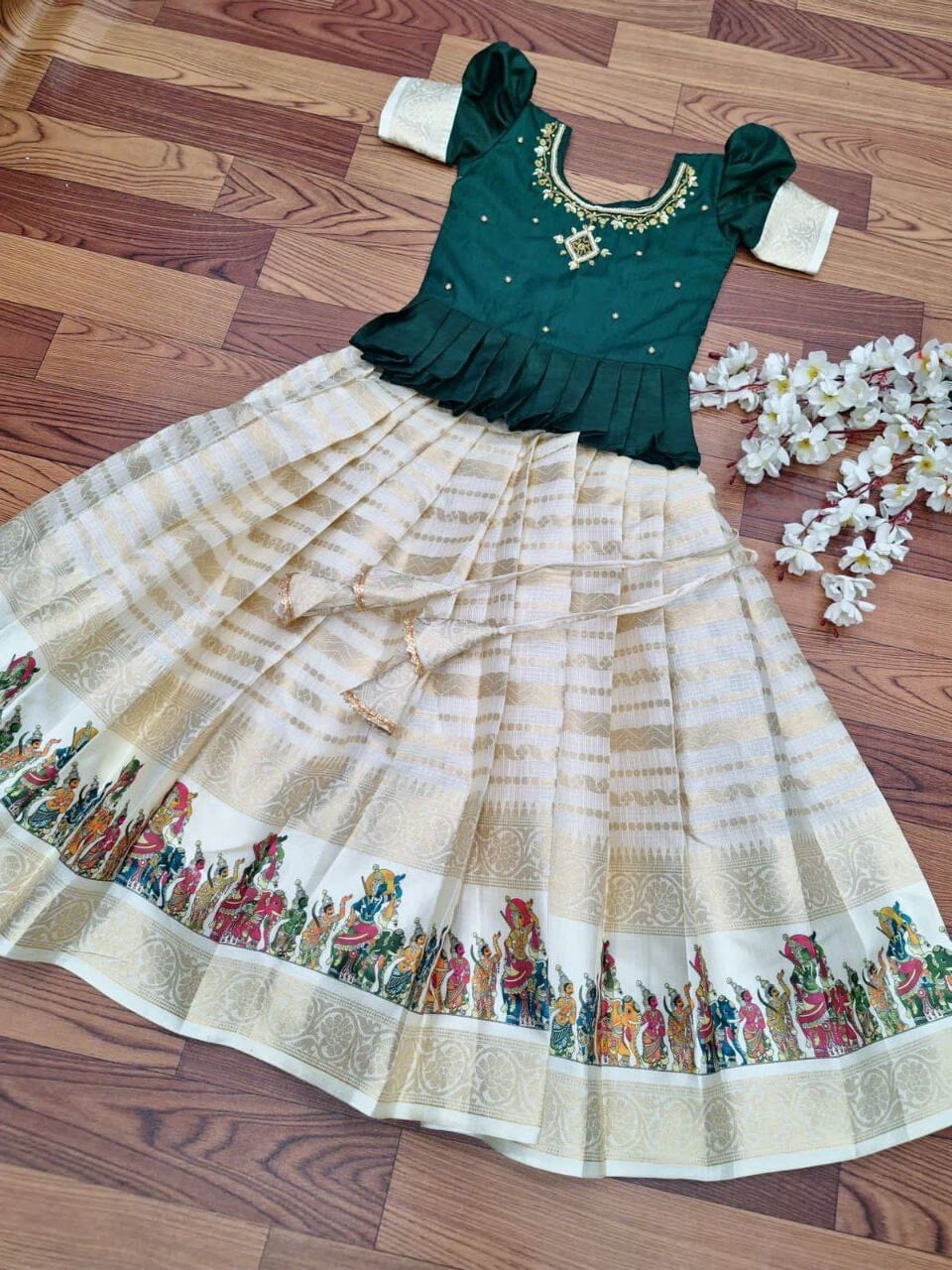 Cream Dark Green Kota Doriya Silk Kid's Lehenga Festival Wear Pavadai Sattai Kid's Lehenga Shopindiapparels.com