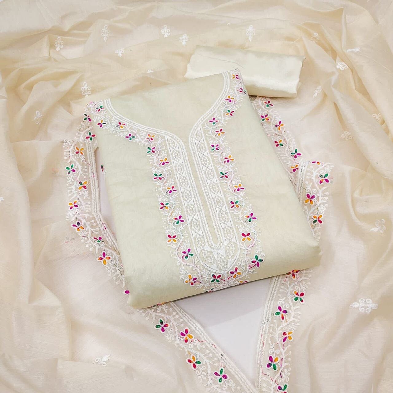 Cream Heavy Chanderi Neck Embroidery Dress Material Dress Material Shopin Di Apparels