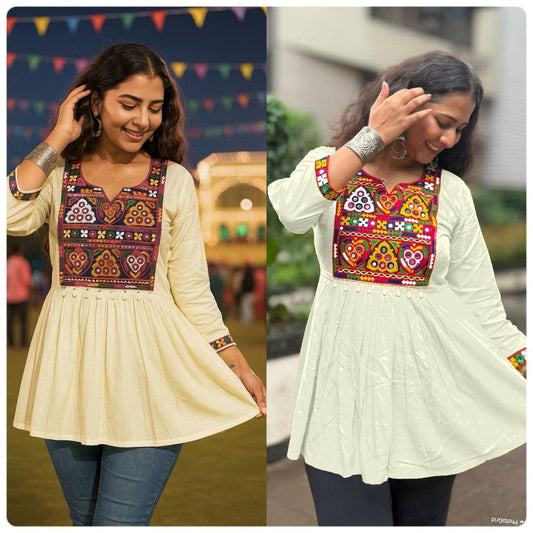 Cream Heavy Rayon Baby Doll Short Top With Gamthi Lace and mirror work Western Top Shopin Di Apparels