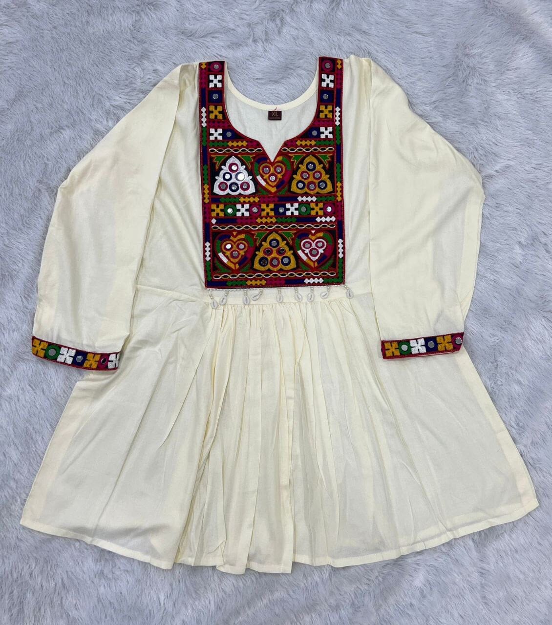 Cream Heavy Rayon Baby Doll Short Top With Gamthi Lace and mirror work Western Top Shopin Di Apparels