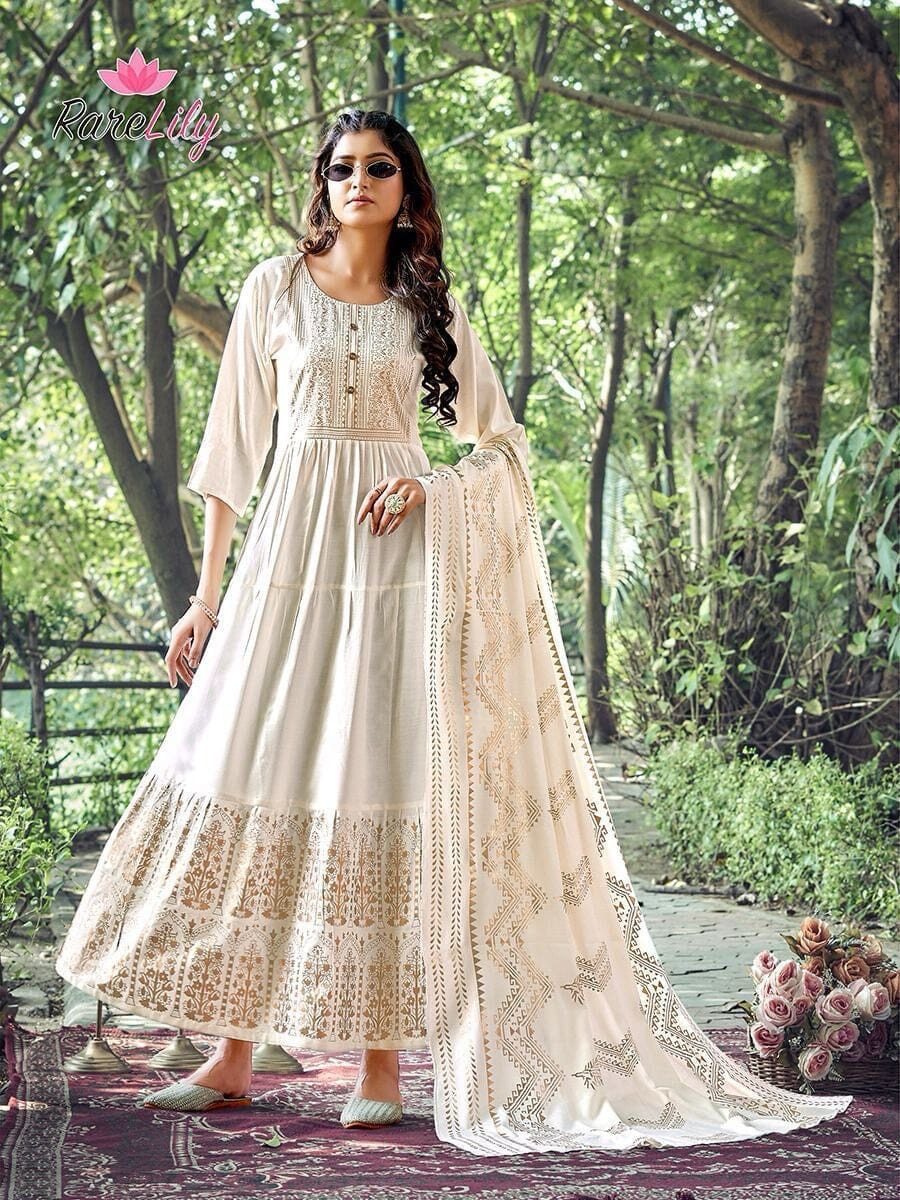 Cream Heavy Rayon Foil Printed Long Gown Kurti with Dupatta Gown with Dupatta Shopin Di Apparels