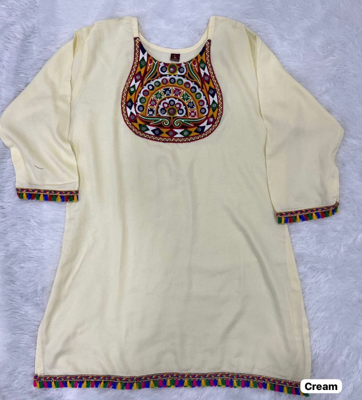 Cream Heavy Rayon Short Top With Gamthi Lace and mirror work Western Top Shopin Di Apparels