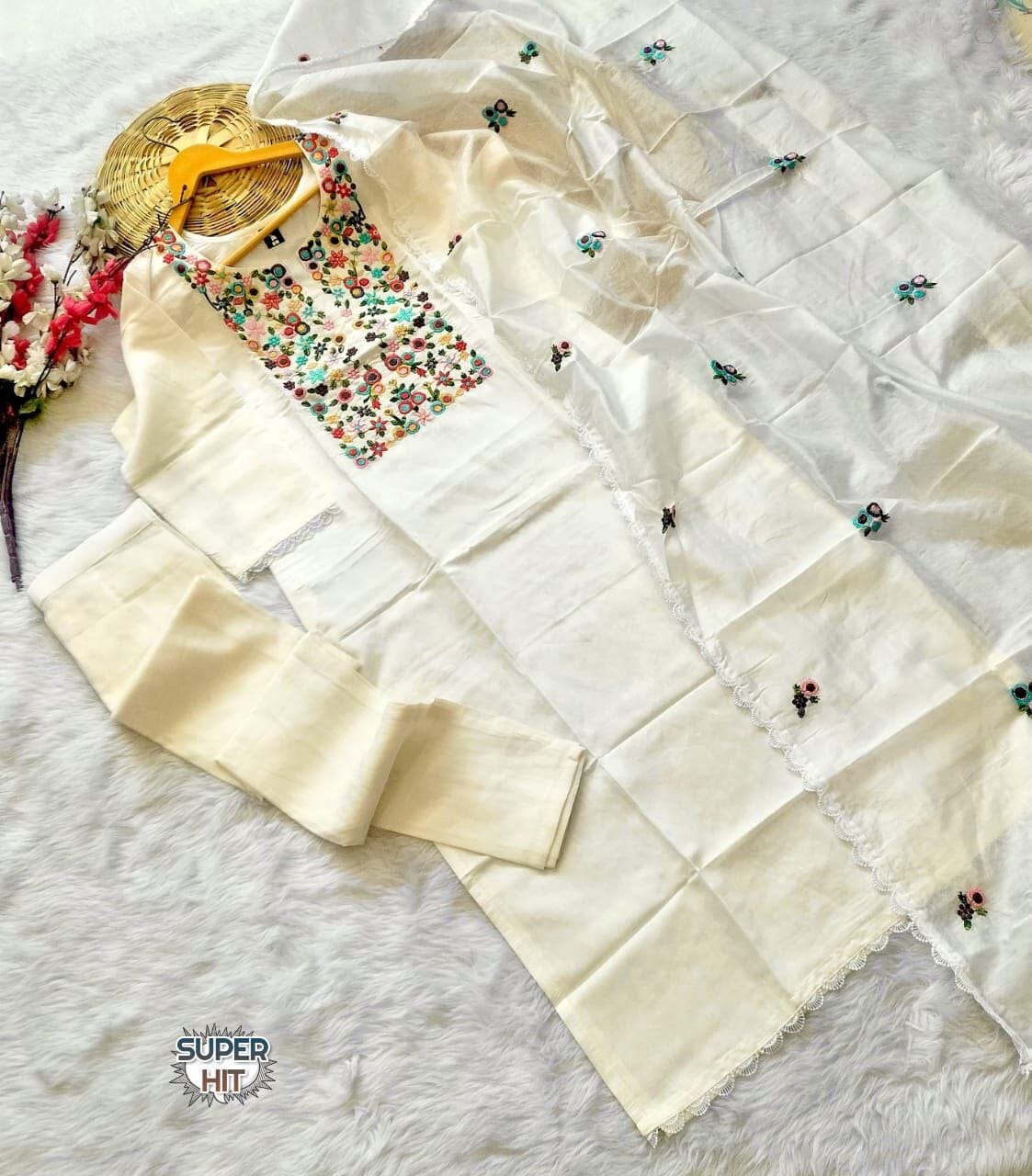 Cream Intricate Zari Weaved Embroidered Viscose Chanderi with Pant and Dupatta Set Shopin Di Apparels