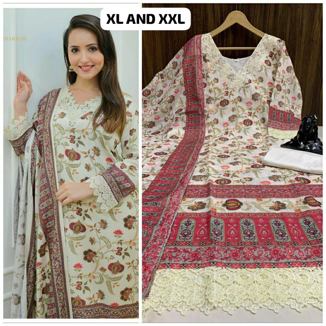 Cream Lace Pink Printed Work Kurti with Dupatta and Bottom Kurti with Bottom and Dupatta Shopin Di Apparels