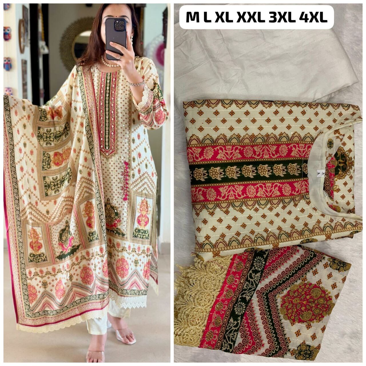 Cream Printed Work Kurti with Dupatta and Bottom Kurti with Bottom and Dupatta Shopin Di Apparels