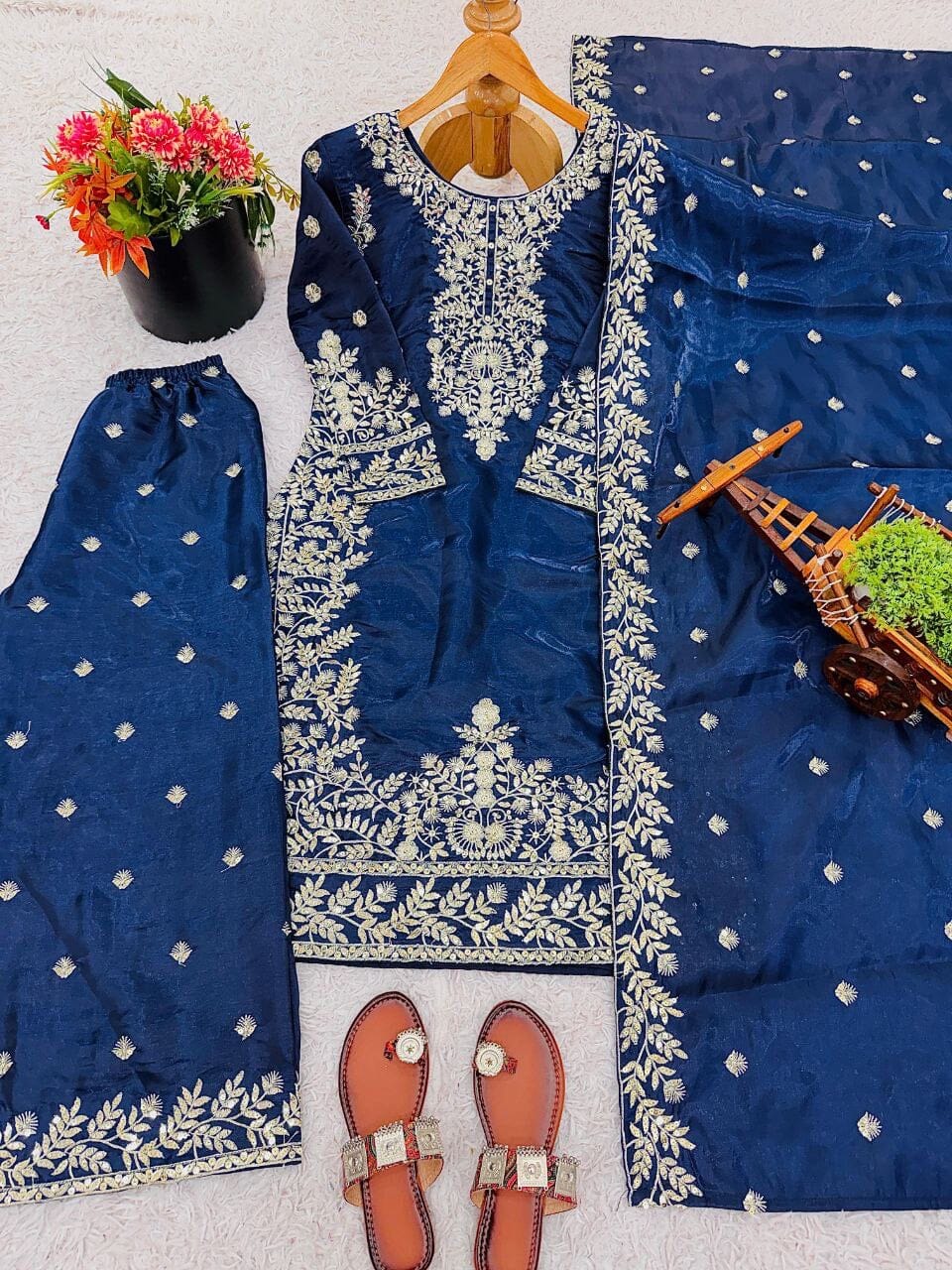 Dark Blue Heavy Embroidery Sequence Work Palazzo Designer Suit Ready to Wear Designer Suits Shopin Di Apparels