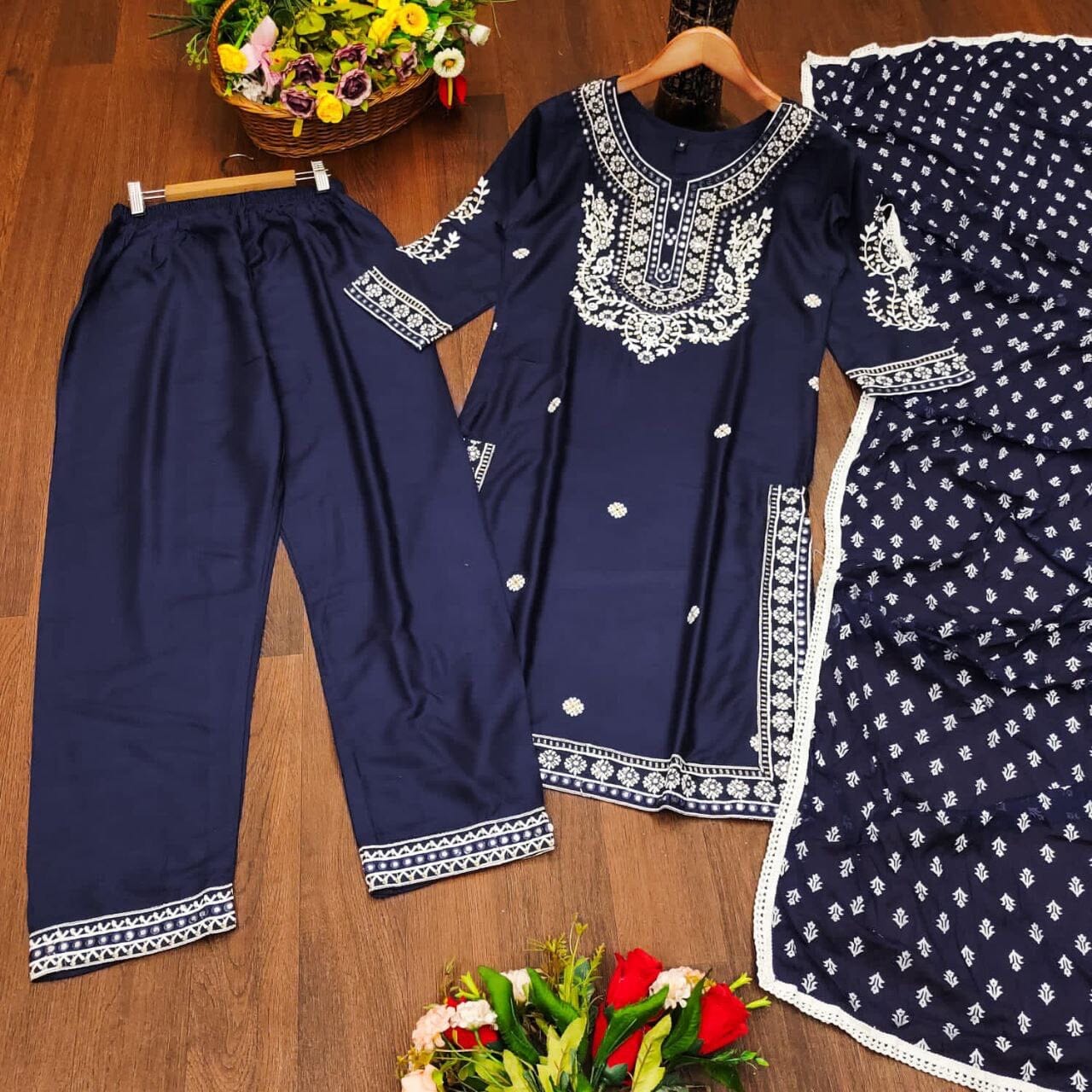 Dark Blue Heavy Rayon Straight Mirror Work Kurti with Dupatta and Pant Ready Made Designer Suits Shopin Di Apparels