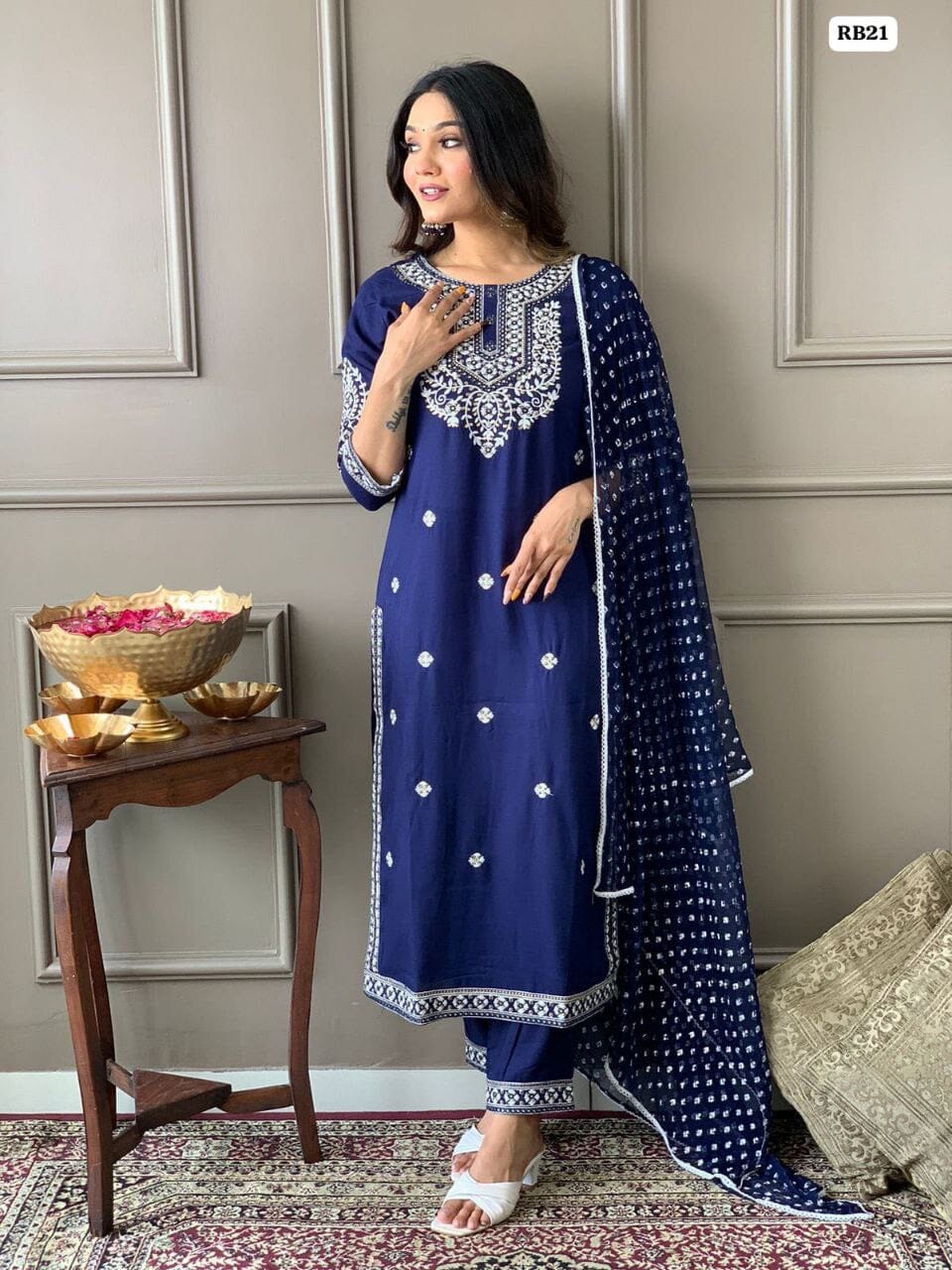 Dark Blue Heavy Rayon Straight Mirror Work Kurti with Dupatta and Pant Ready Made Designer Suits Shopin Di Apparels