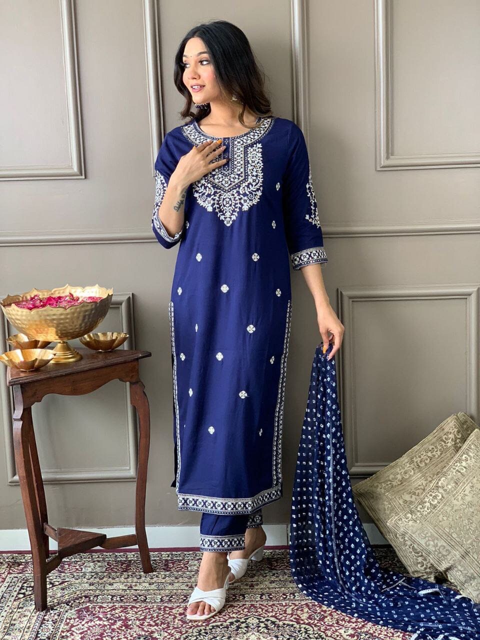 Dark Blue Heavy Rayon Straight Mirror Work Kurti with Dupatta and Pant Ready Made Designer Suits Shopin Di Apparels