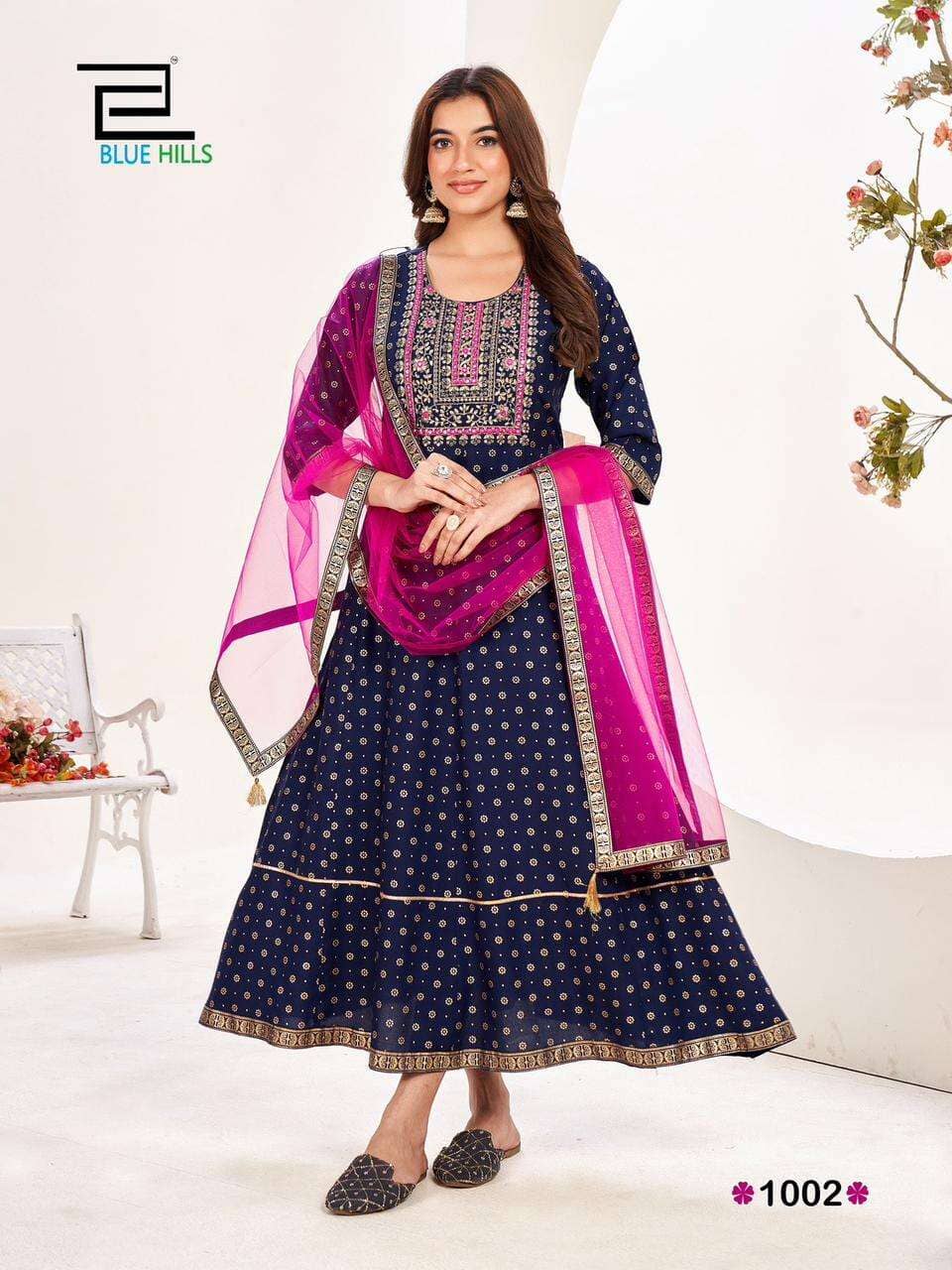 Dark Blue Rayon Anarkali Embroidered Kurti with Net Dupatta Gown with Dupatta Shopin Di Apparels