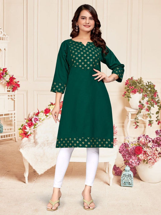 Dark Green Cotton Kurti with Foil Print Kurti Shopin Di Apparels