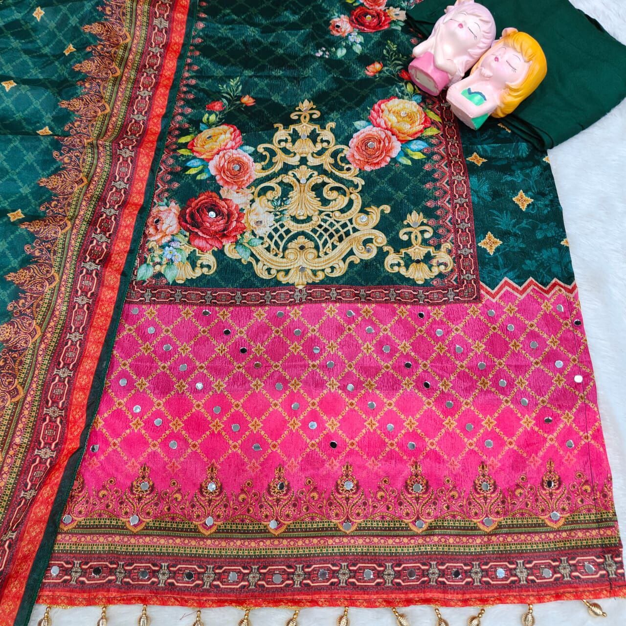 Dark Green Floral Print Mirror Work Chinon Plus Size Pakistani Designer Suit Ready to Wear Designer Suits Shopin Di Apparels