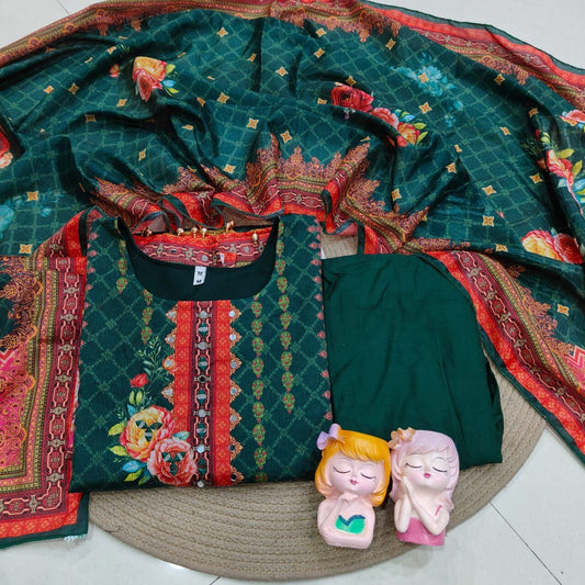 Dark Green Floral Print Mirror Work Chinon Plus Size Pakistani Designer Suit Ready to Wear Designer Suits Shopin Di Apparels