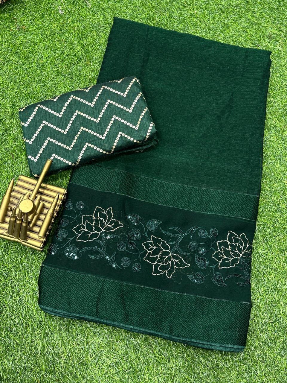 Dark Green Himanshi Designer Shimmer Chiffon Saree with Sequence Work Blouse Designer Saree Shopin Di Apparels