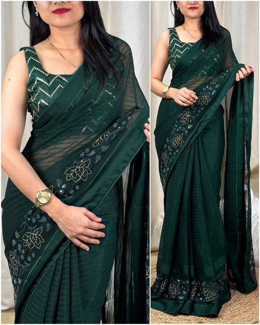 Dark Green Himanshi Designer Shimmer Chiffon Saree with Sequence Work Blouse Designer Saree Shopin Di Apparels