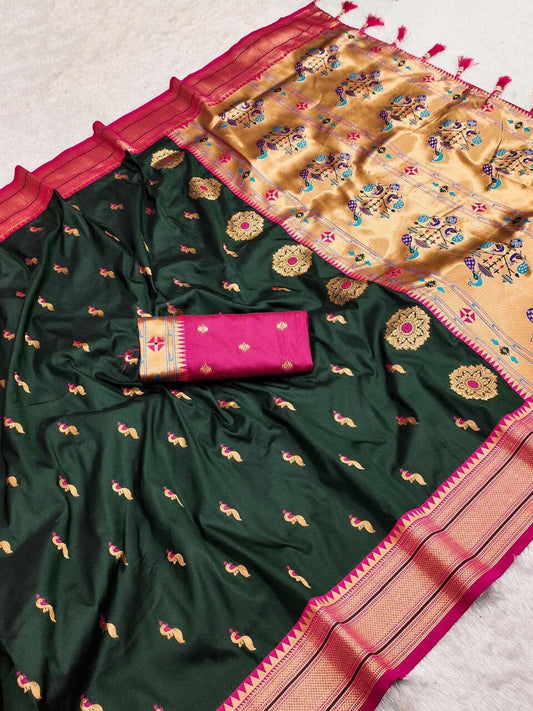 Dark Green Peacock Paithani Silk Saree with Zari Meenakari Weaving & Tassels Silk Saree Shopin Di Apparels