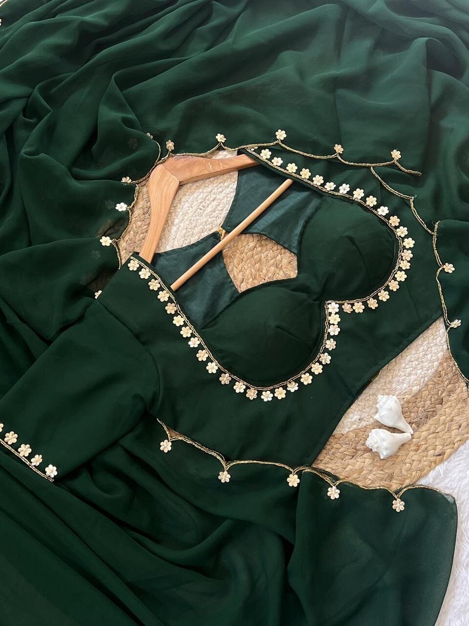 Dark Green Sabhyasachi Designer Madhubala Readymade Blouse with Georgette Handworked Saree Readymade Blouse Shopin Di Apparels