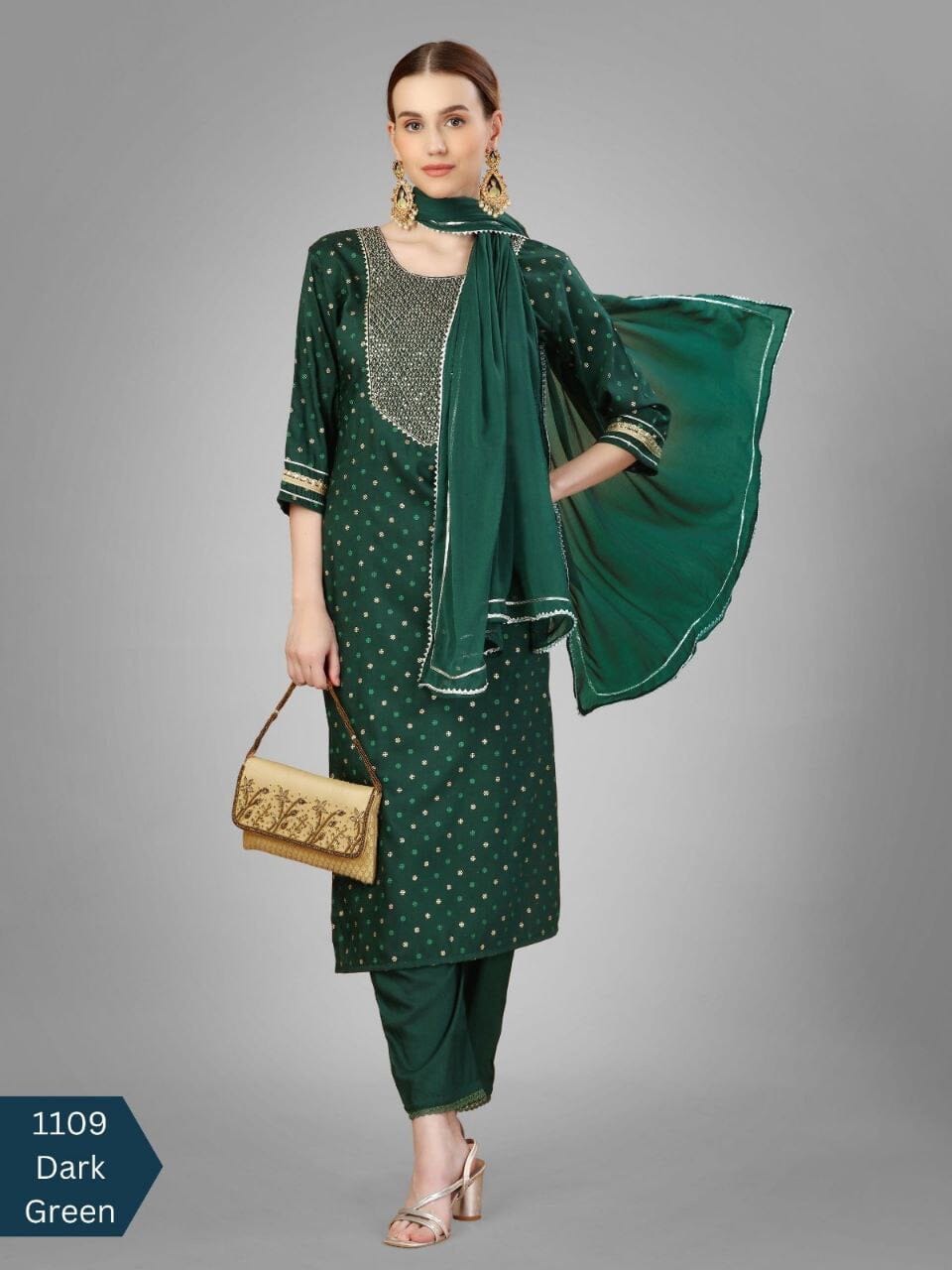 Dark Green Silk Blend Sequence Embroidered Designer Kurti with Dupatta and Bottom Kurti with Dupatta and Bottom Shopin Di Apparels