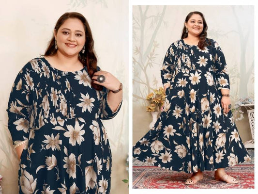 Dark Navy Blue Plus Size Printed Rayon Long Kurti Kurti Moksh