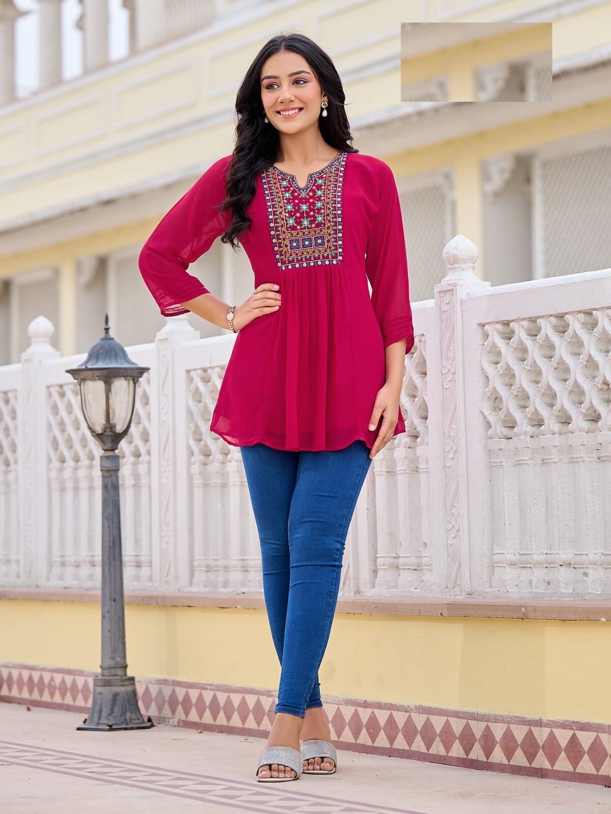 Dark Pink Bubbly Embroidered Georgette Short Top Western Tops Shopin Di Apparels