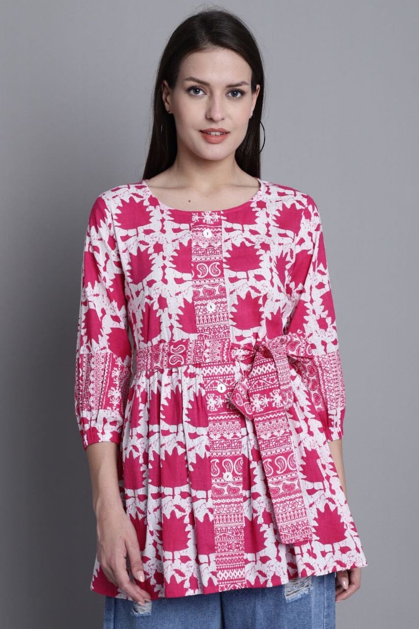 Dark Pink Flower Pure Cotton Printed Western Top Western Top Shopin Di Apparels