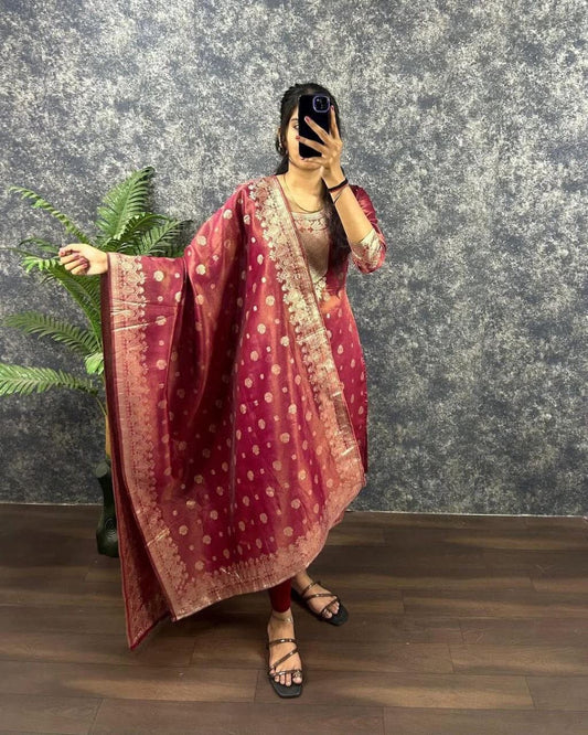 Dark Pink Jeqard Silk Kurti with Dupatta Kurti & Dupatta Shopin Di Apparels