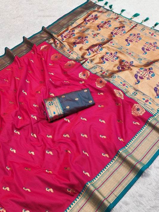 Dark Pink Peacock Paithani Silk Saree with Zari Meenakari Weaving & Tassels Silk Saree Shopin Di Apparels