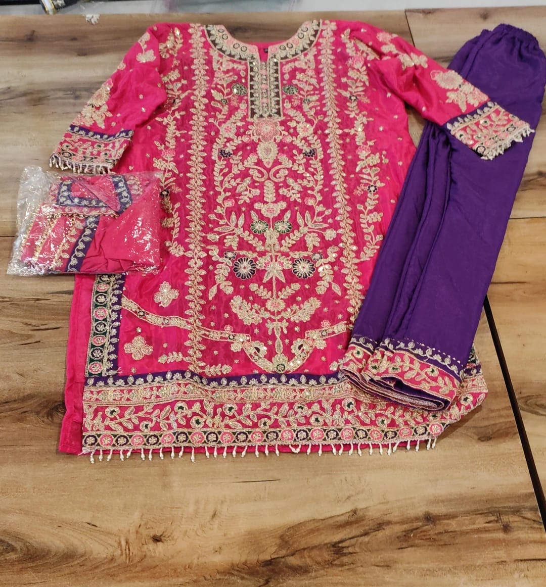 Dark Pink Red Chinnon Silk Jari Sequence & Coding Embroidered Designer Pakistani Plazzo Suit Designer Suits Shopin Di Apparels