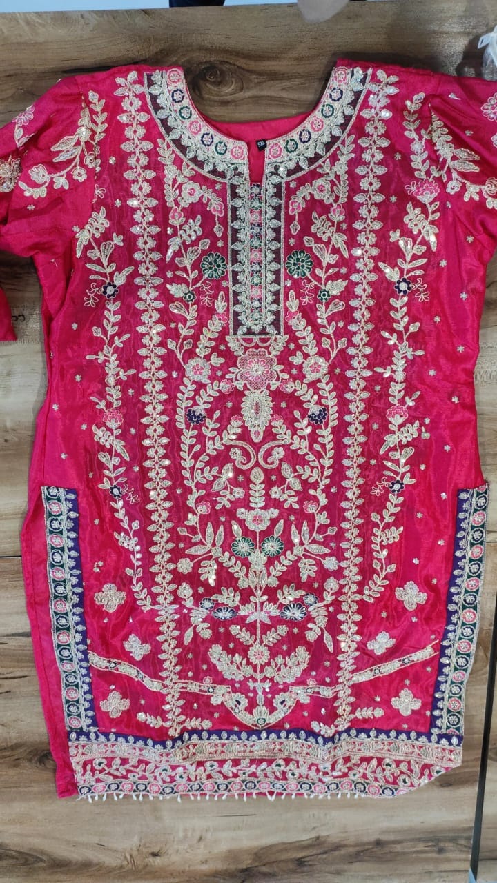 Dark Pink Red Chinnon Silk Jari Sequence & Coding Embroidered Designer Pakistani Plazzo Suit Designer Suits Shopin Di Apparels