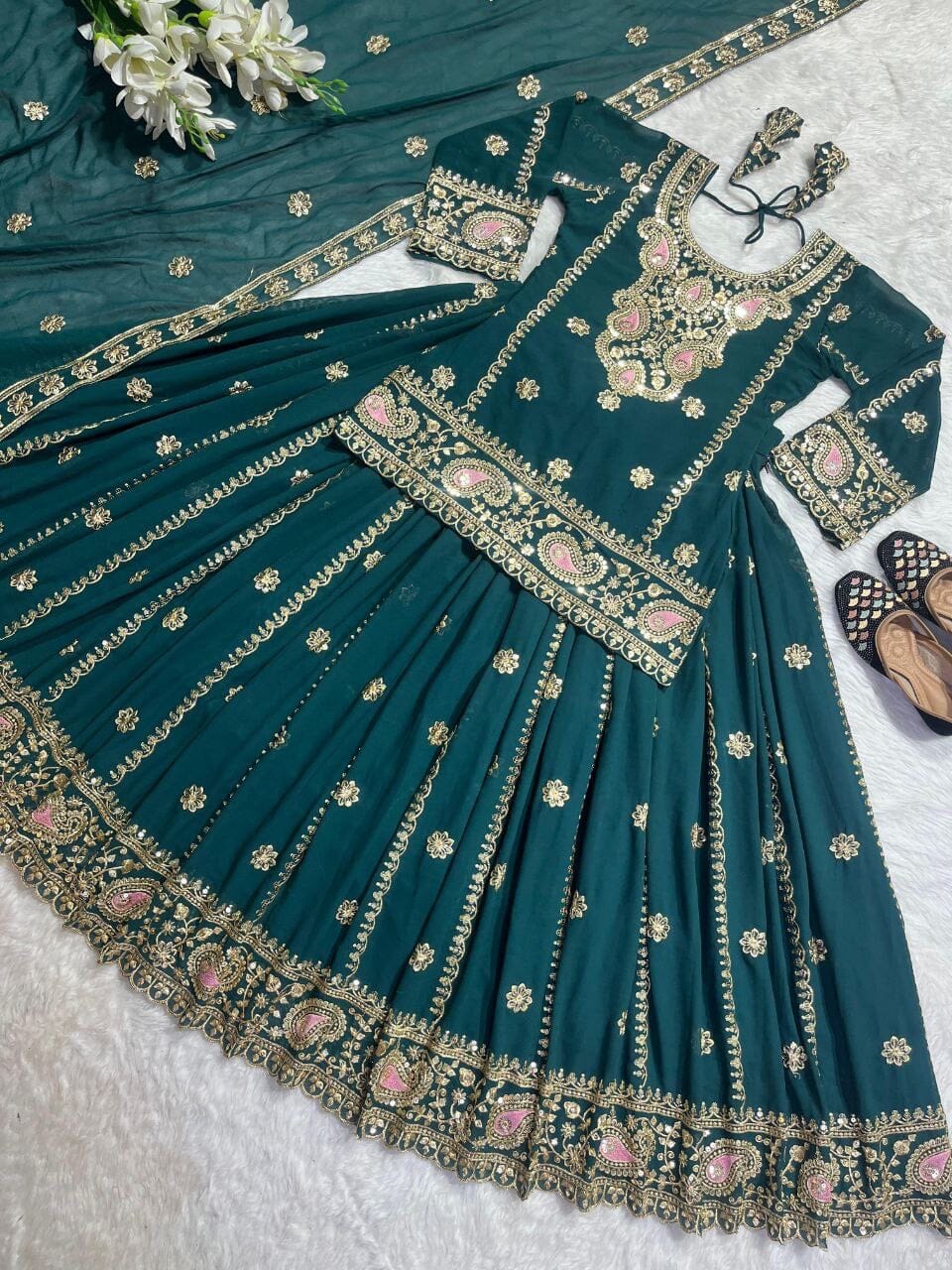 Dark Teal Blue Faux Georgette Heavy Embroidered Lehenga Suit Ready Made Designer Suits Shopin Di Apparels