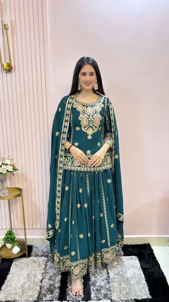 Dark Teal Blue Faux Georgette Heavy Embroidered Lehenga Suit Ready Made Designer Suits Shopin Di Apparels