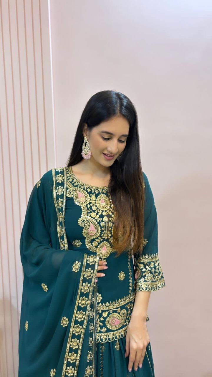 Dark Teal Blue Faux Georgette Heavy Embroidered Lehenga Suit Ready Made Designer Suits Shopin Di Apparels