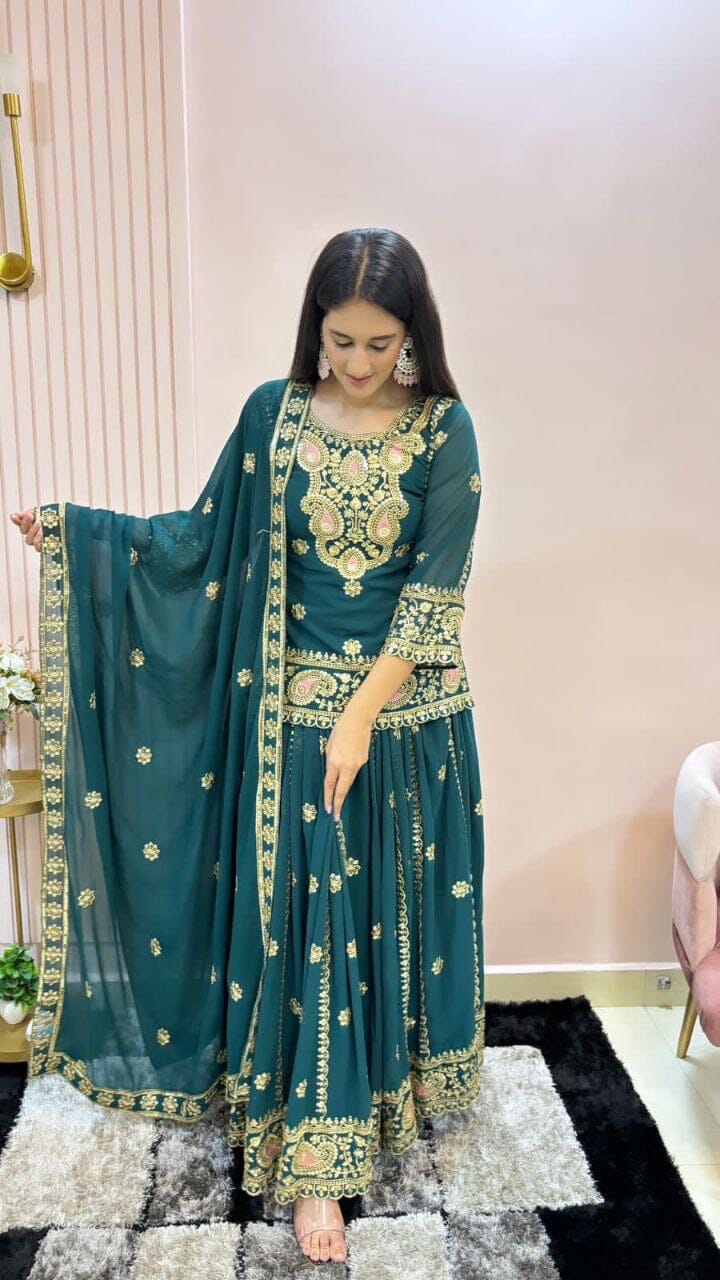 Dark Teal Blue Faux Georgette Heavy Embroidered Lehenga Suit Ready Made Designer Suits Shopin Di Apparels