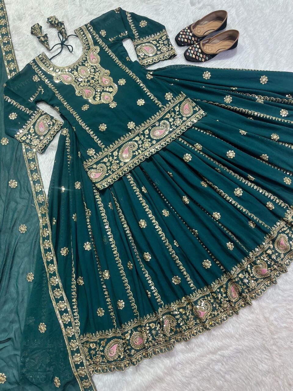 Dark Teal Blue Faux Georgette Heavy Embroidered Lehenga Suit Ready Made Designer Suits Shopin Di Apparels