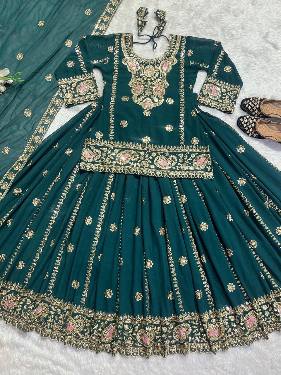 Dark Teal Blue Faux Georgette Heavy Embroidered Lehenga Suit Ready Made Designer Suits Shopin Di Apparels