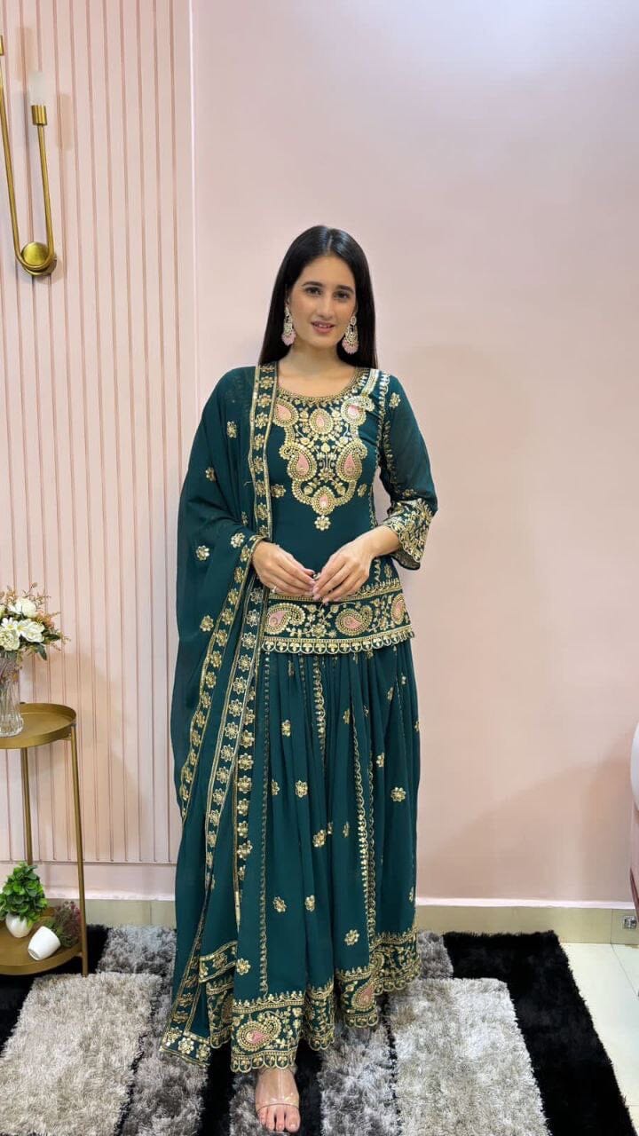 Dark Teal Blue Faux Georgette Heavy Embroidered Lehenga Suit Ready Made Designer Suits Shopin Di Apparels