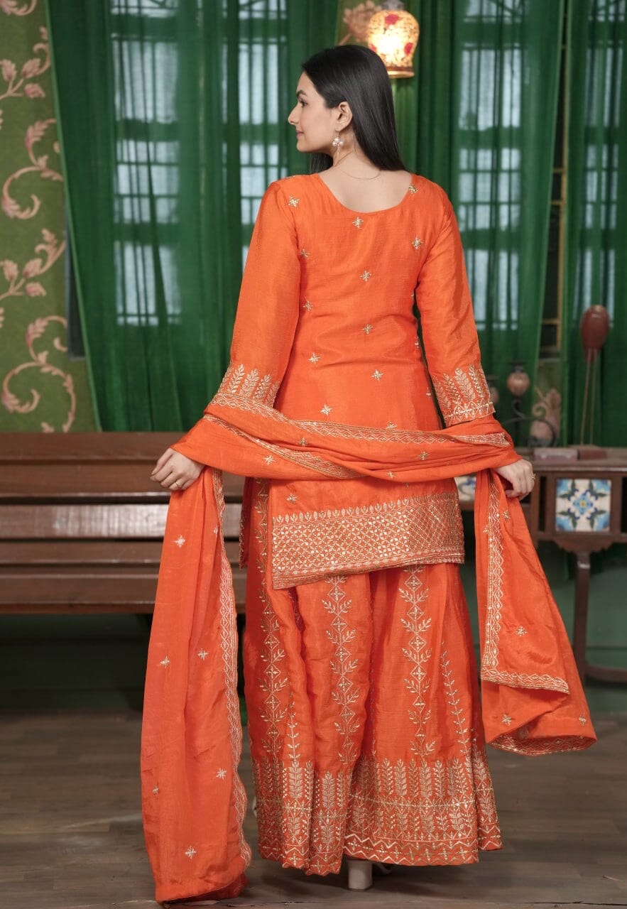Designer Embroidered Chinon Orange Sharara Suit With Sequence Embroidered Work Ready Made Designer Suits Shopin Di Apparels