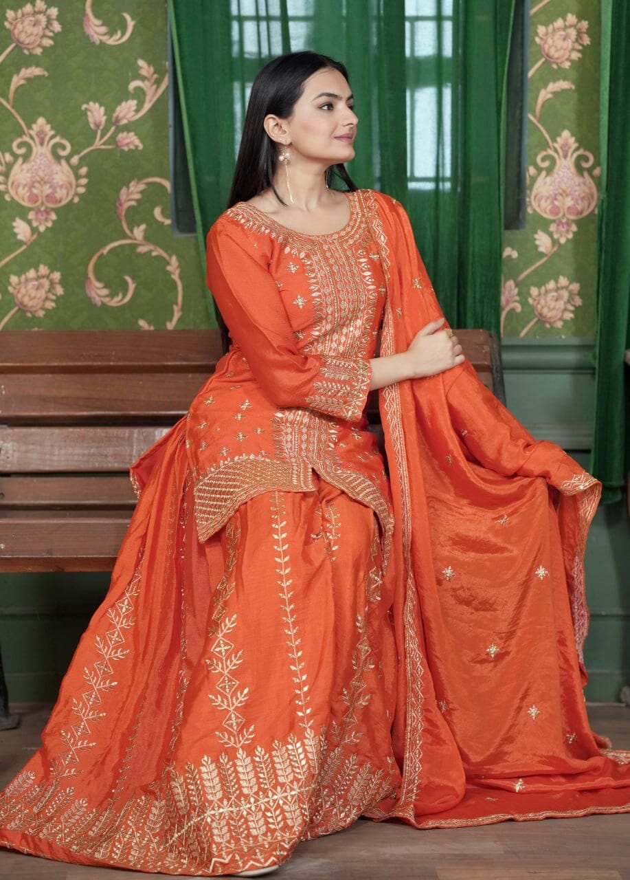Designer Embroidered Chinon Orange Sharara Suit With Sequence Embroidered Work Ready Made Designer Suits Shopin Di Apparels