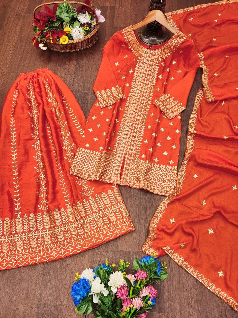 Designer Embroidered Chinon Orange Sharara Suit With Sequence Embroidered Work Ready Made Designer Suits Shopin Di Apparels