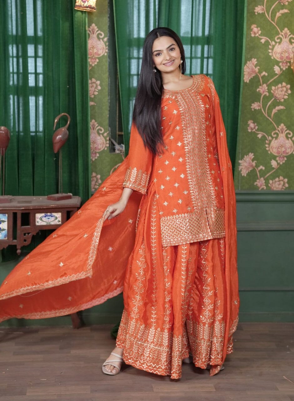 Designer Embroidered Chinon Orange Sharara Suit With Sequence Embroidered Work Ready Made Designer Suits Shopin Di Apparels