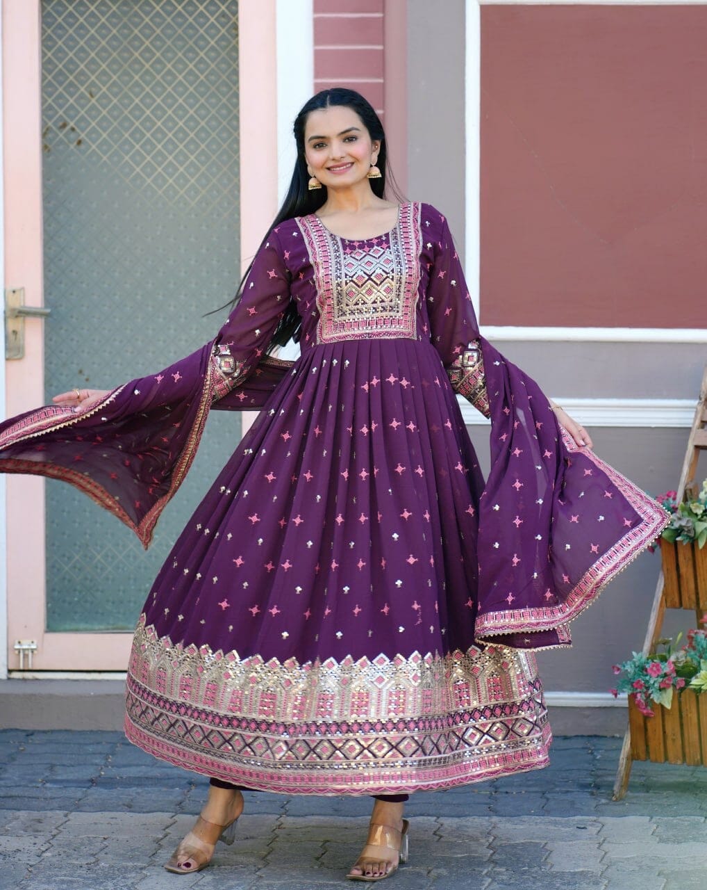 Designer Embroidered Fox Georgette Gown With Sequence Embroidered Work Ready Made Designer Suits Shopin Di Apparels